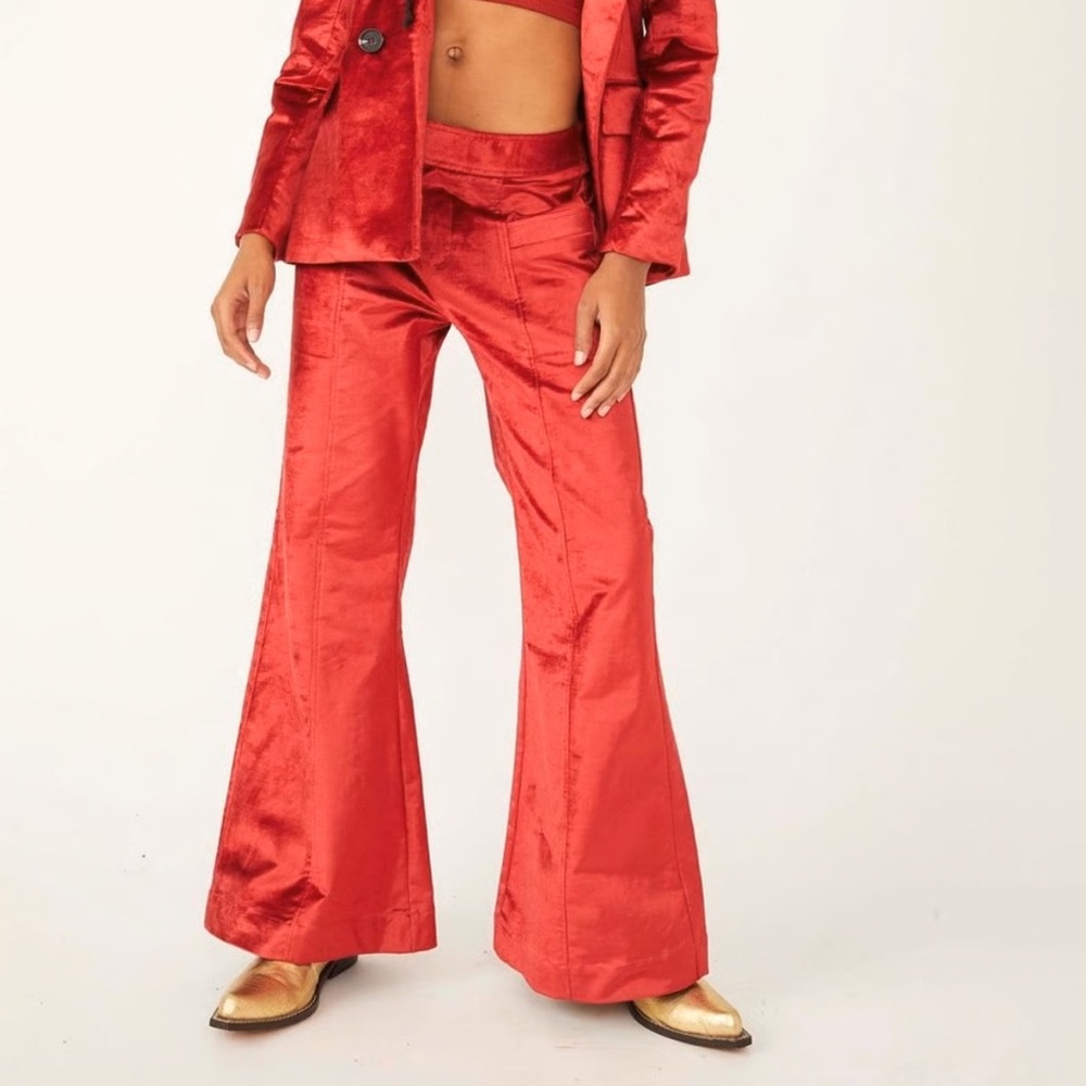 Free People Walk With You Velvet Flare Trousers Cherry Juice Red Sz 6